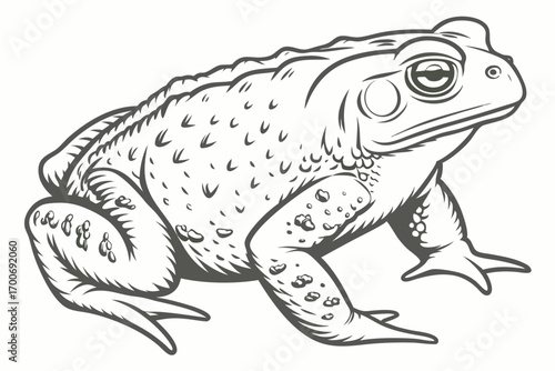 Detailed Monochrome Illustration of a Warty Toad with Prominent Eyes and Textured Skin Crawling on a White Background