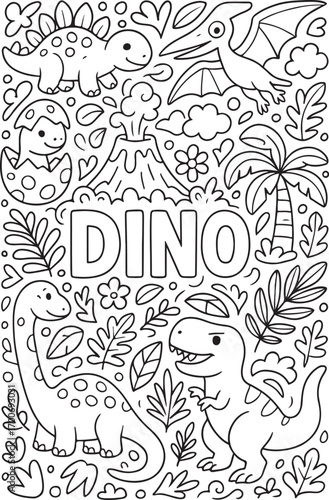 hand drawn vector illustration of dinosaurs doodle art coloring page for kids line art