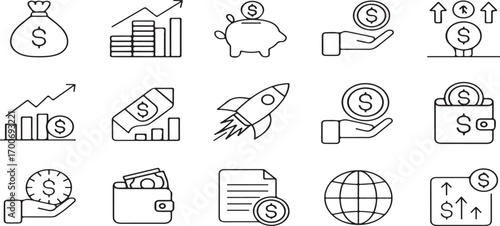finance icons, business icons, outline icons, money bag icon, piggy bank icon, investment icons, growth icons, rocket icon, savings icon, hand coin icon, wallet icon, economy  vector illutration icon 