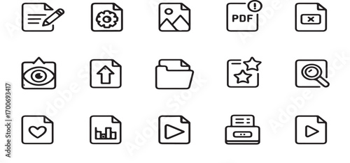 Document and File Format Line Icons Set - Outline Icons of PDF, Image, Video, Folder, Upload, Download, Edit, Starred, Play, Web, and Multimedia Files for Apps, Web, vector illutration icon 