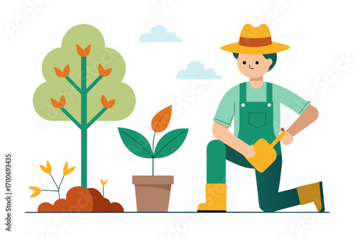 Gardener Watering Plants in a Flat Vector Illustration with Simple Design