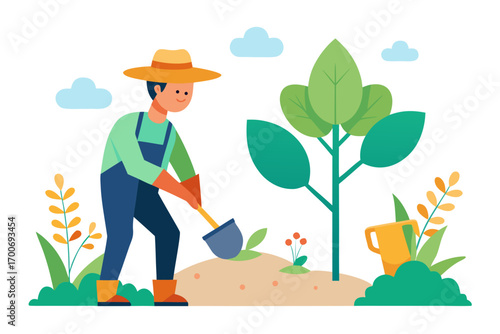 Farmer planting a tree illustration with shovel and watering can in garden