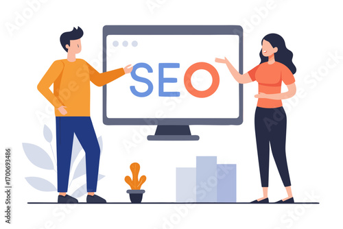 Two people presenting SEO strategy on a computer screen flat illustration