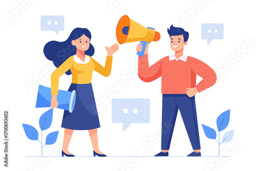 Vector illustration of a man and woman making an announcement with megaphone