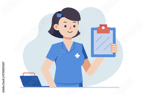 Smiling Nurse Holding Clipboard with Medical Bag Illustration for Healthcare Services