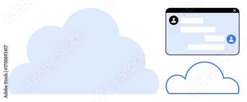 Large cloud graphic, chat window with messages and user icons. Ideal for digital communication, cloud services, teamwork, sharing, networking, remote work, simple landing page