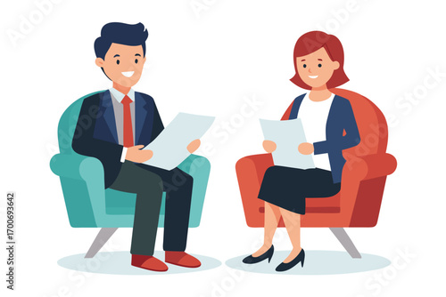 Job Interview Illustration of Man and Woman Sitting in Armchairs Reviewing Documents