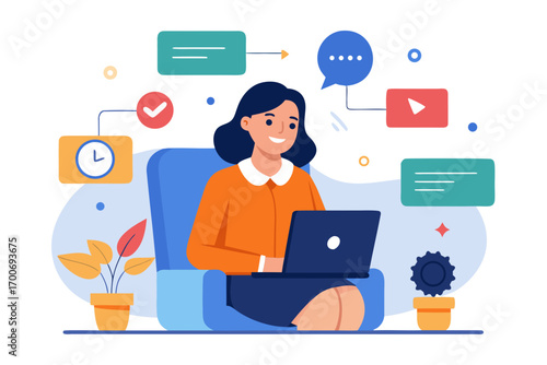 Woman working on laptop surrounded by project management icons at home