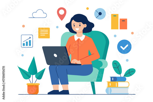 Woman working on laptop at home in comfortable chair illustration