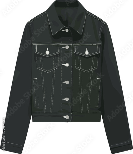 Black long sleeve denim jacket with button closure, chest pockets, classic collar, casual streetwear, trendy fashion, modern outerwear vector illustration.
