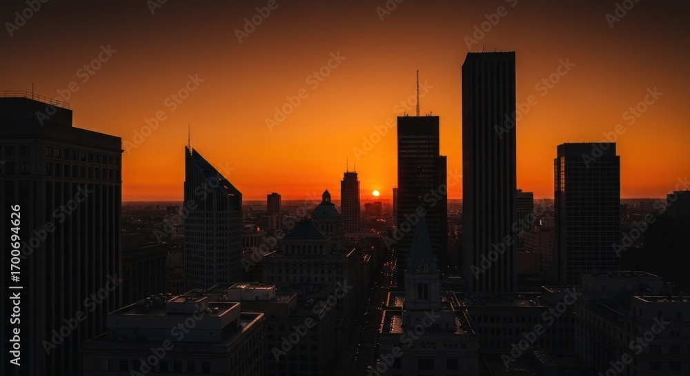Fototapeta premium Sunrise silhouettes of city skyscrapers