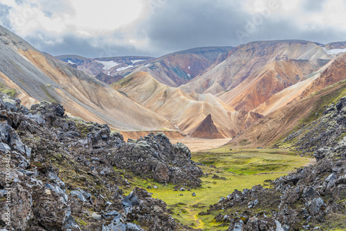 Paysage à couper le souffle le long de la randonnée de Bláhnúkur Brennisteinsalda, dans le Landmannalaugar, les Hautes Terres, avec ses roches de toutes les couleurs et aux formes douces, en Islande