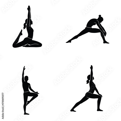 Four silhouettes of women performing different yoga poses demonstrating flexibility strength and balance on a white background