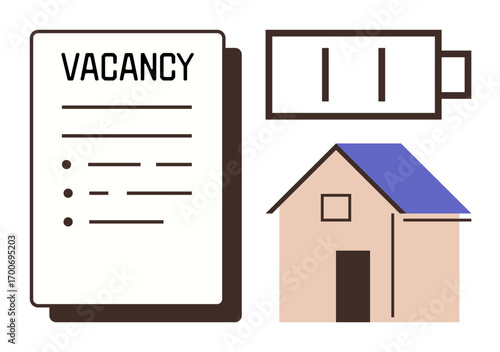 Vacancy document next to low battery and house, symbolizing job search fatigue, work-life balance needs. Ideal for career challenges, motivation, recruitment, employment stress, job search tips