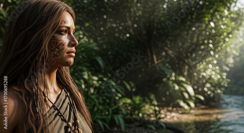 Empowering beauty portrait of tribal woman in lush jungle. Ideal for nature, travel, wellness, indigenous cultures, digital art, avatar, goddess, and fantasy themes.