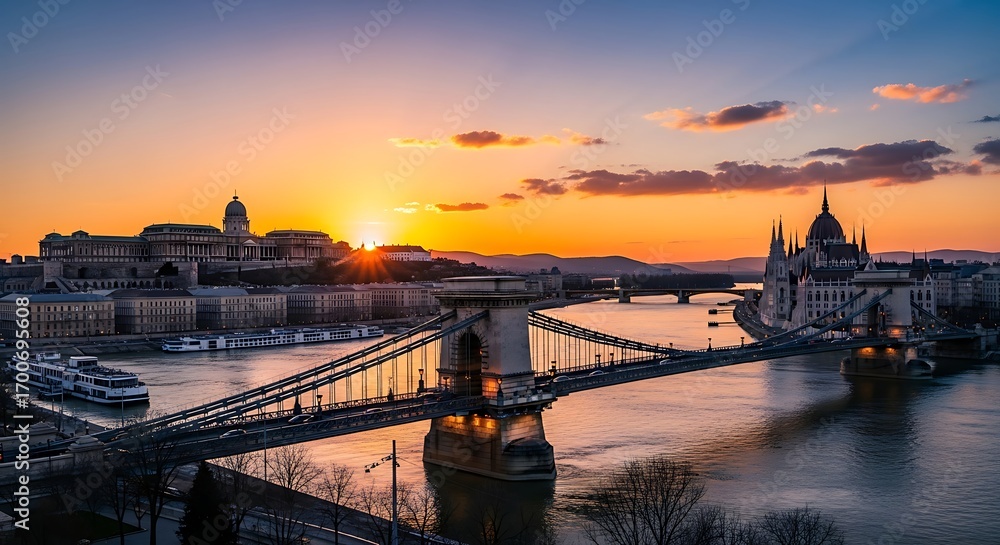 Obraz premium Budapest dawn light paints the Danube with warm hues, showcasing iconic bridge and skyline at