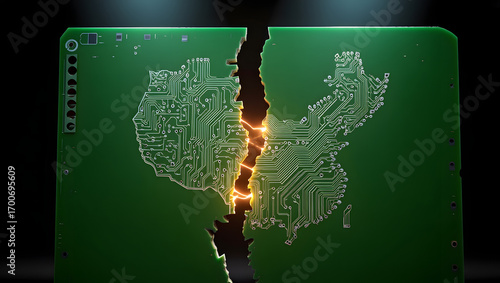 Digital Divide: A conceptual depiction of the digital divide, where a circuit board, shaped as a country's outline, cracks and splits to symbolize the digital divide between populations.