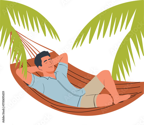 Man Relaxing In Hammock Under Palm Trees