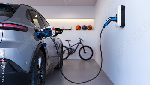 Charging Electric Vehicle in Garage: Showcasing a sleek electric vehicle plugged into a charging station within a modern garage setting.