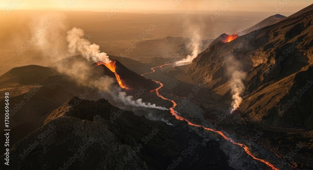 Obraz premium Volcanic landscape at sunset. Molten lava flows between volcanic peaks, with plumes of smoke rising into the golden light