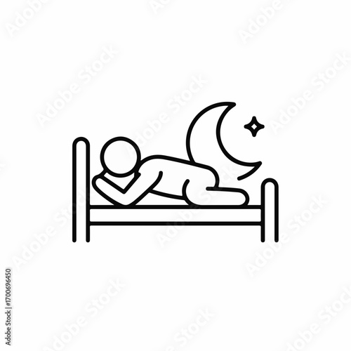 Person sleeping peacefully in bed under a crescent moon and stars