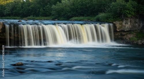 Waterfall cascading down rocky cliffs. Lush green forest borders the river