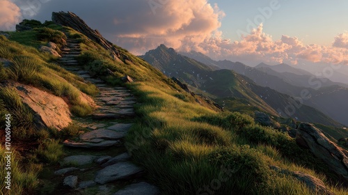 Fototapeta Naklejka Na Ścianę i Meble -  Stone paved path winds through a grassy mountain ridge under dramatic sky at sunset in Bieszczady National Park, Poland