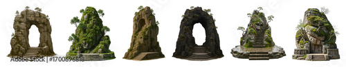 Ancient rock formations set including natural arches, stone staircases, and overgrown structures isolated. Fantasy environment assets.