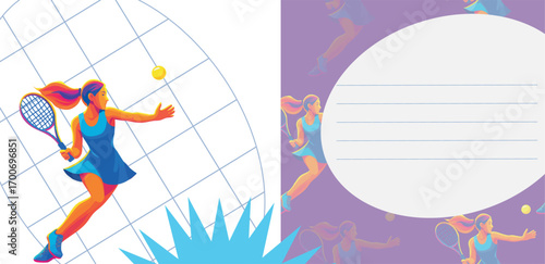 Sporty tennis template with dynamic background, female player in jump with racket, and free space for text. Perfect for posters, ads, tournaments, or presentations.