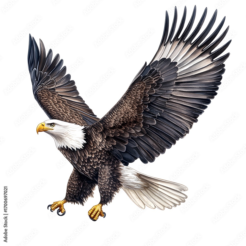 Fototapeta premium Bald eagle in flight with wings spread on a photo white background bird raptor