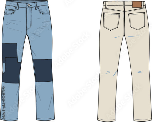 CAD drawing flat vector illustration of men’s denim patchwork and classic jeans, front and back technical fashion sketch design.