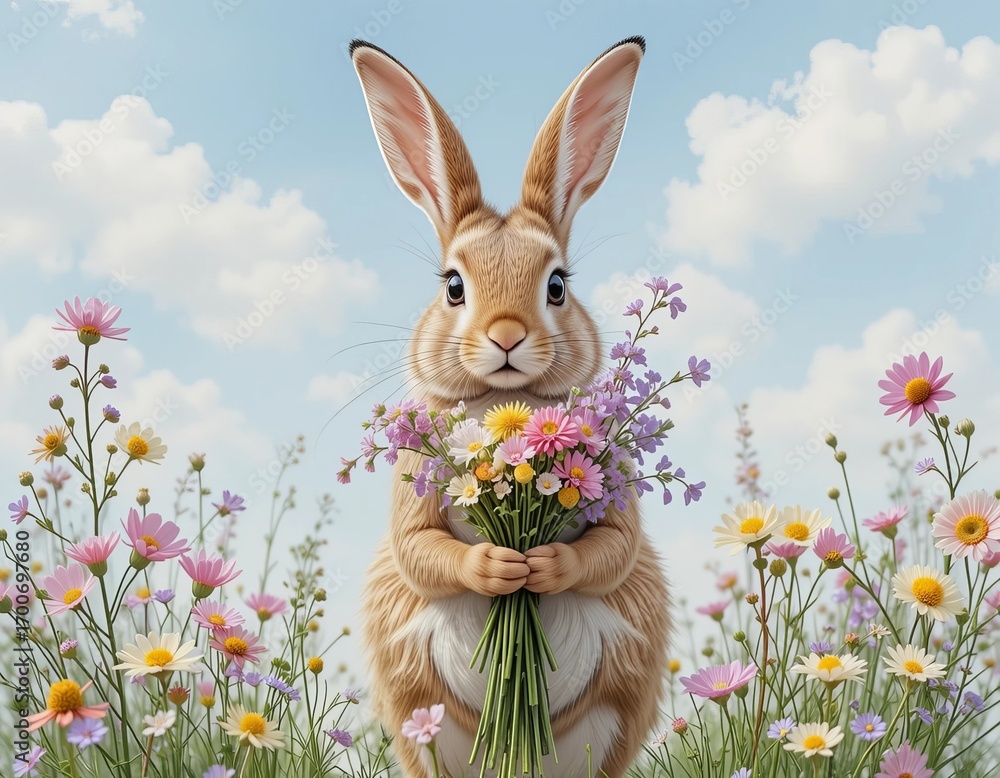 Fototapeta premium Adorable bunny rabbit holding a bouquet of wildflowers in a field