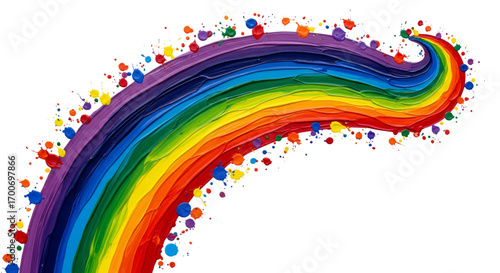 Flowing vibrant rainbow arc illustration with colorful paint splatters. Modern artistic spectrum design on a bright white background.
