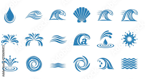 Diverse blue water wave splash drop ripple vector icon set. Abstract aqua liquid graphic elements and symbols collection for logos.