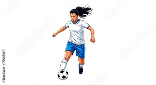 Vibrant illustration of a female soccer player dribbling a soccer ball. Athletic woman in white jersey and blue shorts.