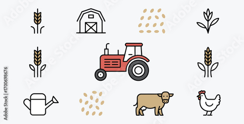 Farm illustration with crops animals and equipment on plain background