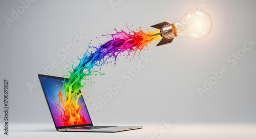 Creative Launch: A laptop serves as the launchpad for a rocket-powered lightbulb, spewing a vibrant explosion of colors, symbolizing the power of creative ideas taking flight.