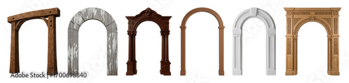 Archway set including rustic wood, distressed, ornate dark, plain, white molding, and intricate light wood styles isolated. Architectural design elements.