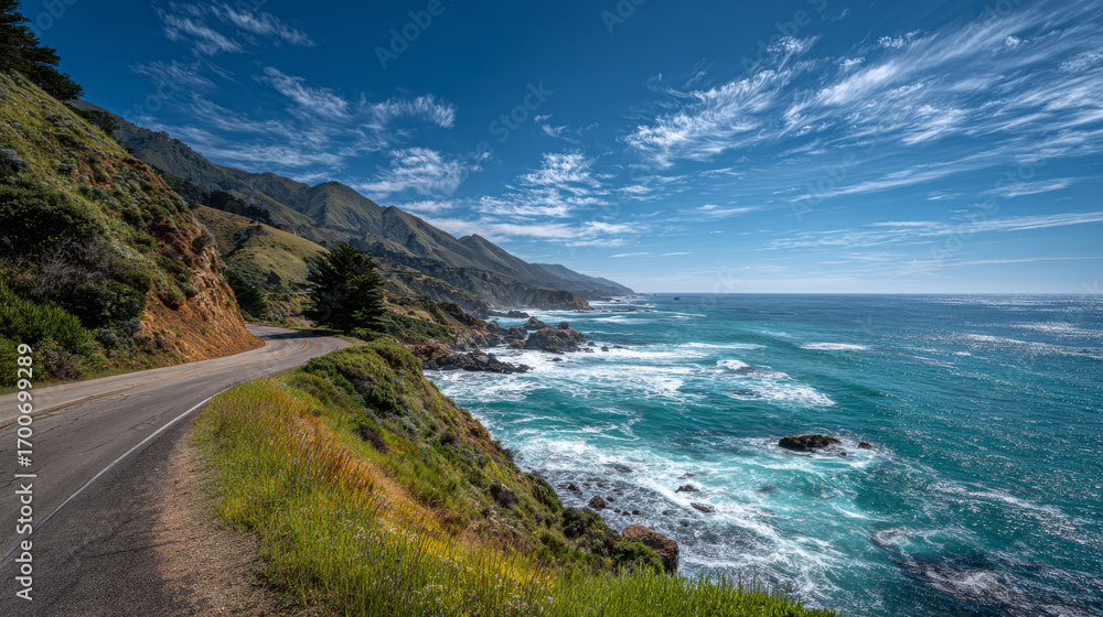 Fototapeta premium Tranquil coastal seascape with scenic ocean drive along rocky shoreline at sunset