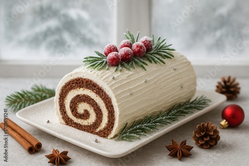 Vanilla Yule log cake with chocolate sponge and white buttercream, textured like birch bark, topped with sugared cranberries, rosemary sprigs, and silver pearls, set by a snowy window.	
