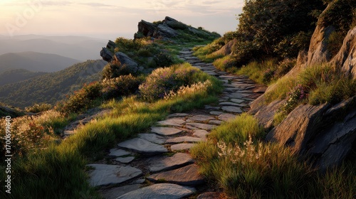 Fototapeta Naklejka Na Ścianę i Meble -  Stone paved path winds through a grassy mountain ridge under dramatic sky at sunset in Bieszczady National Park, Poland
