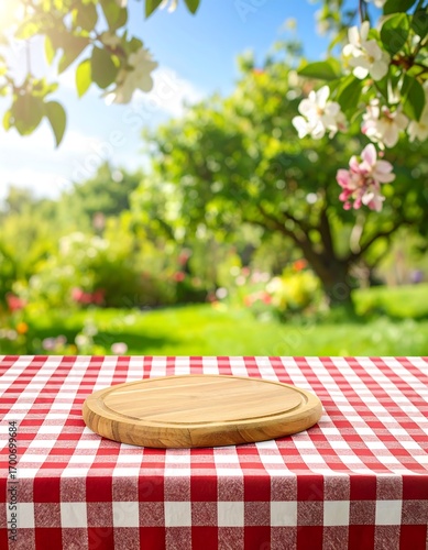 Wooden cutting board on checkered tablecloth in garden