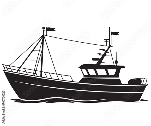 Silhouette of fishing trawler boat sailing on sea waves vector illustration, marine vessel with nets and masts, black outline design representing nautical transport, ocean industry, maritime graphic c