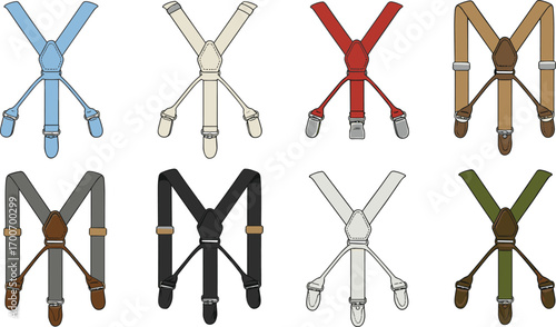 Collection of adjustable suspenders in various colors, detailed buckles and clips, fashion accessories, functional clothing straps, CAD drawing vector illustration.