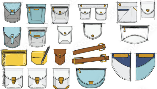 Collection of various leather pocket designs, detailed stitching, buckle and zipper elements, fashion accessories, handmade bag components, CAD drawing vector illustration.