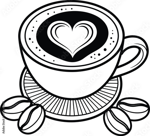 Heart latte art in a coffee cup with beans, a warm and inviting morning beverage.