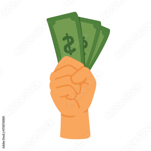 Human hand clenched in fist with dollar bills flat illustration isolated on white background
