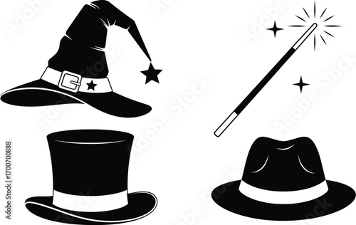 Whimsical collection of magic hats and a sparkling wand, symbolizing enchantment and fantasy.