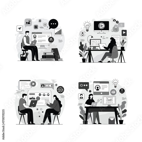 Four diverse scenes depicting remote work and digital collaboration with people using laptops and computers in modern office settings