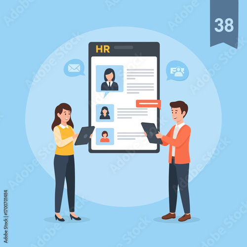 People review profiles on a digital screen with chat bubbles.